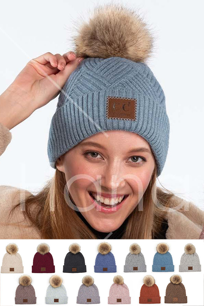 Women's Heather Beanie with Pom and Suede Patch — beanie photo 2