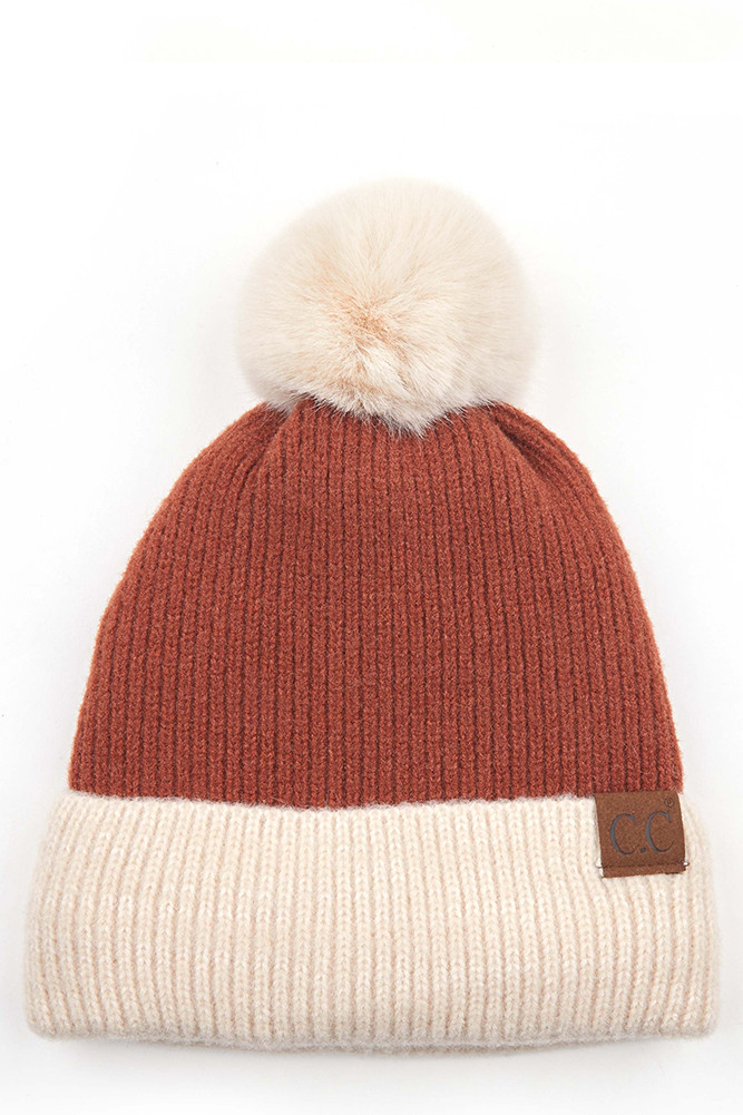 Women's Solid Pom Beanie with Beige Cuff — beanie photo 4