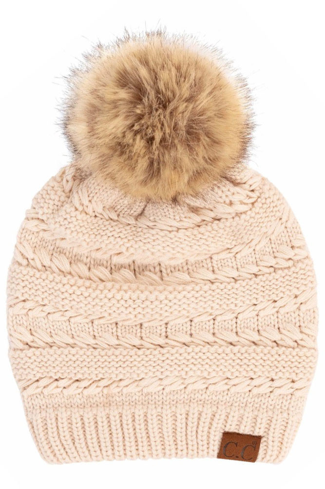 Women's Tilted Whip Stitch Slouch Beanie with Pom in Beige