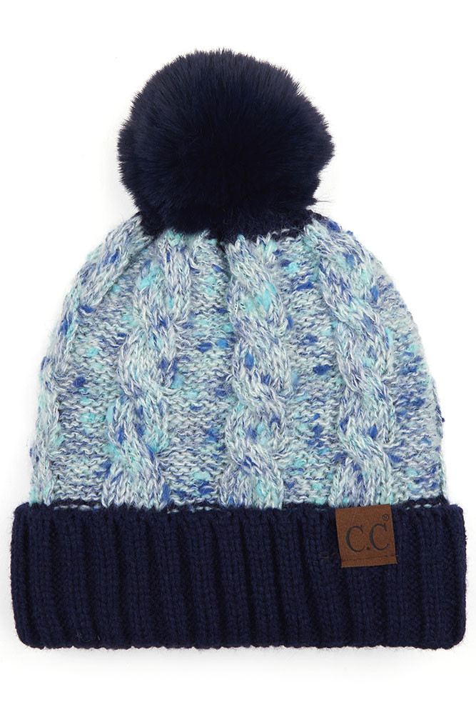Women's Confetti Cable Knit Beanie with Pom in Navy