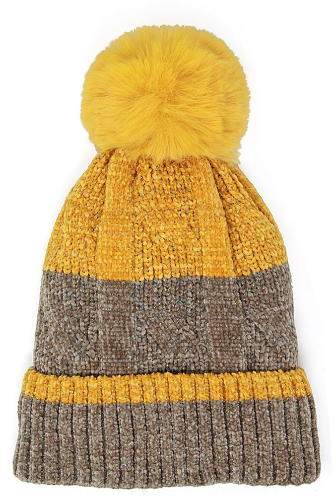 Women's Colorful Lurex Striped Knitted Beanie in Mustard