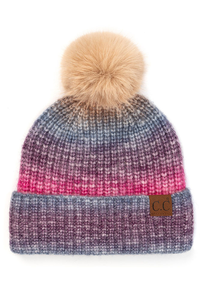 Women's Multicolor Ombre Beanie with Pom in Berry