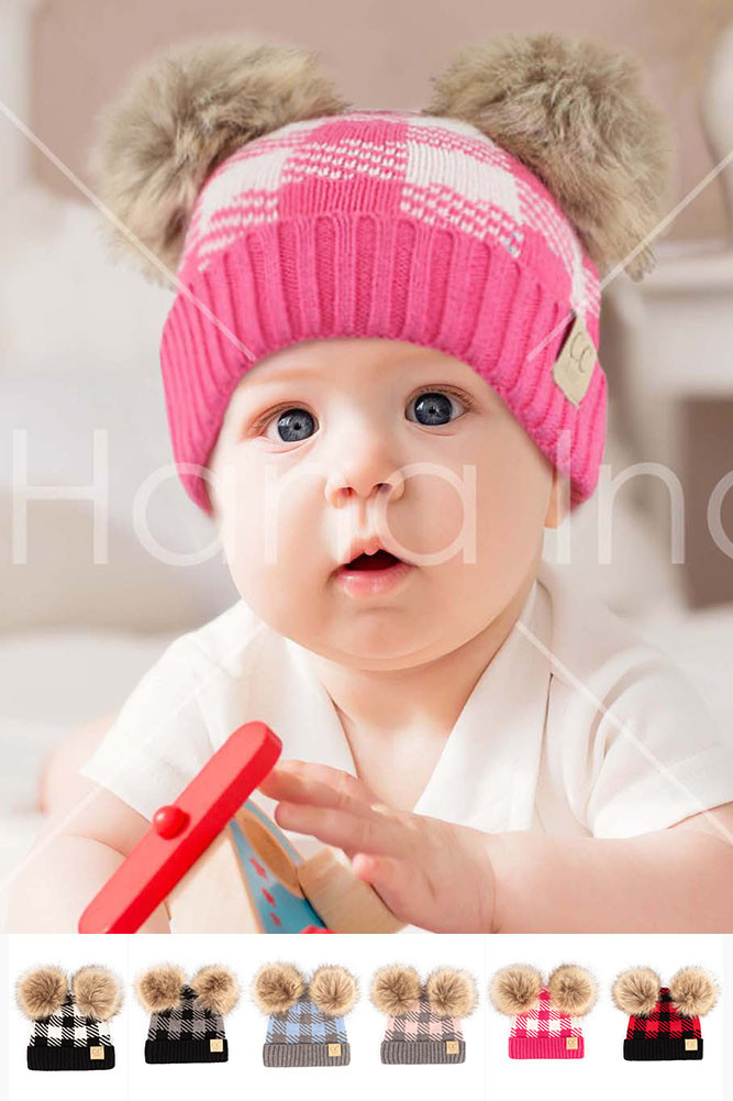 Buffalo Check Baby Beanie with Natural Pom for kids by BURACQ