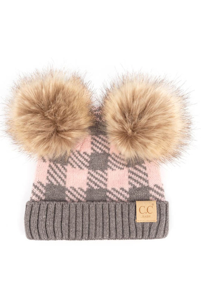 Buffalo Check Baby Beanie with Natural Pom — beanie photo 4