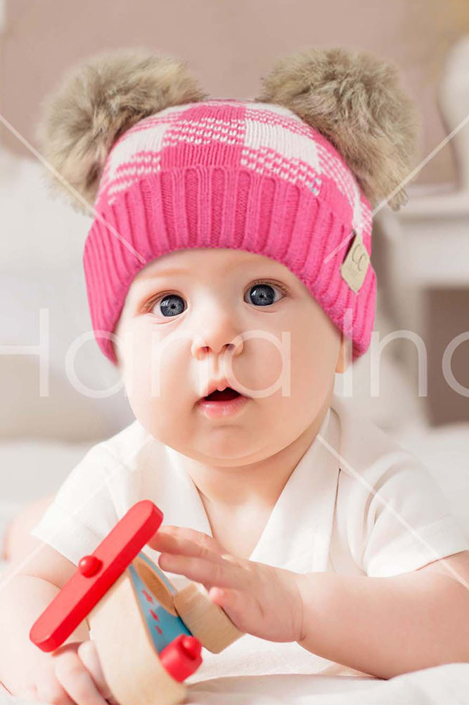 Buffalo Check Baby Beanie with Natural Pom — beanie photo 3