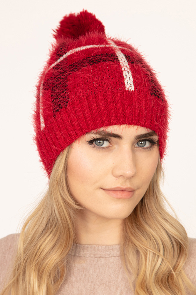 Women's Fuzzy Plaid Beanie in Red