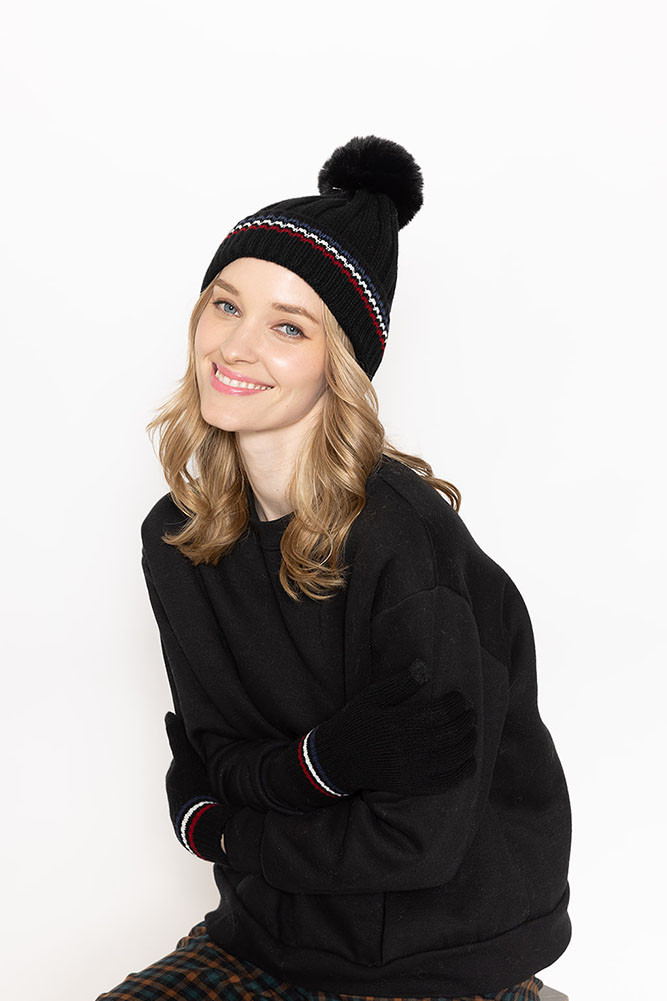Women's Stripe Rib Super Soft Cuff Beanie with Faux Fur Pom in Black