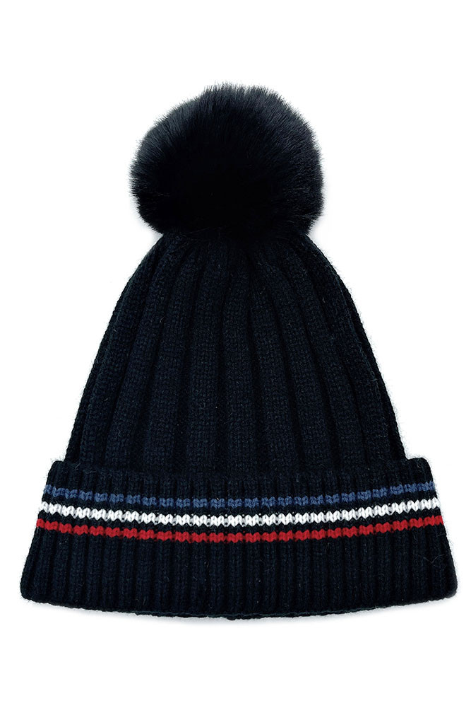 Women's Stripe Rib Super Soft Cuff Beanie with Faux Fur Pom in Black
