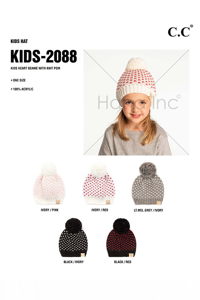 Kids Heart Pattern Knit Beanie with Pom — beanie photo 2