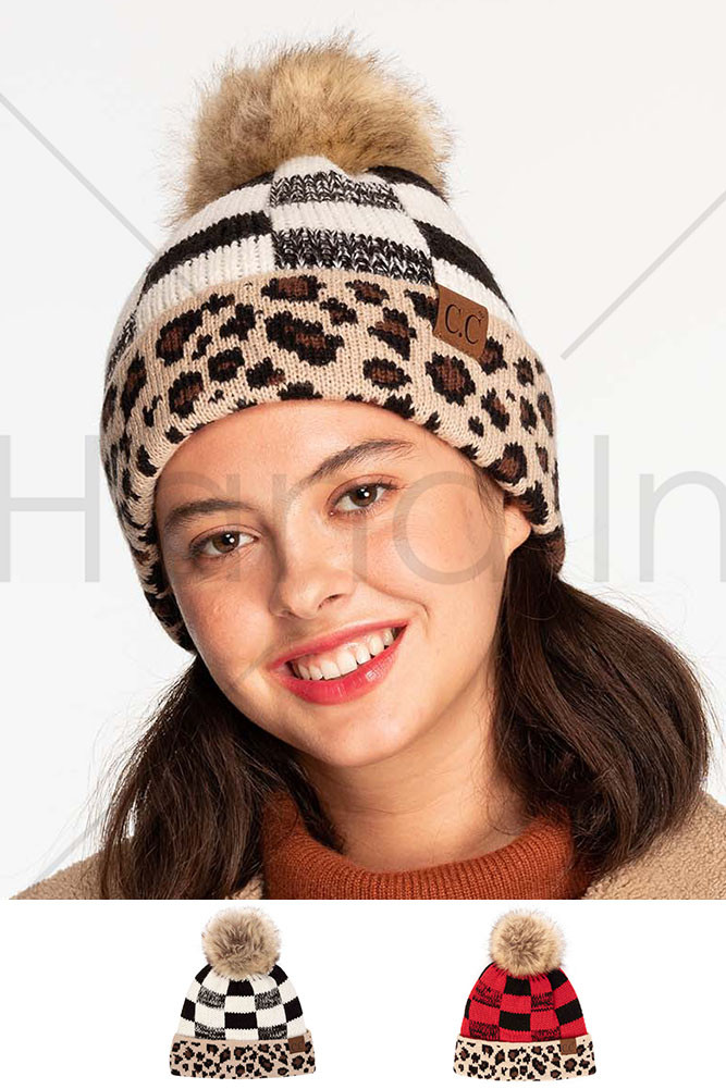 Women's Buffalo Check Beanie with Leopard Pattern Band — beanie photo 2