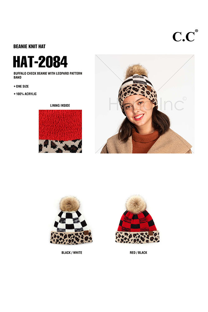 Women's Buffalo Check Beanie with Leopard Pattern Band — beanie photo 3