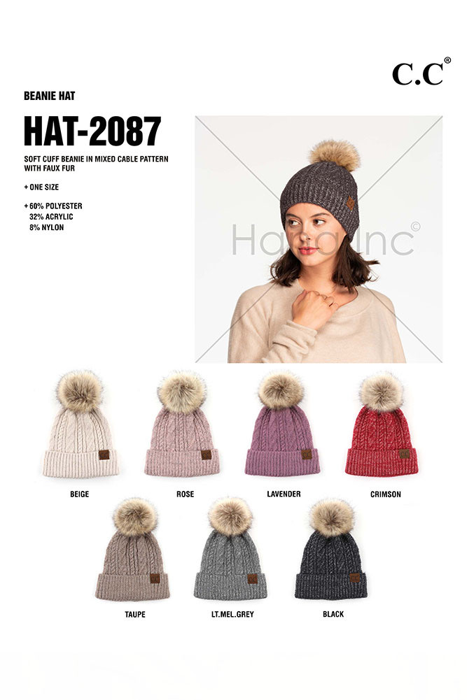Women's Soft Cuff Beanie in Mixed Cable Pattern with Faux Fur Pom — beanie photo 2