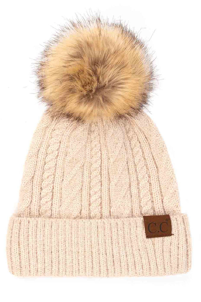 Women's Soft Cuff Beanie in Mixed Cable Pattern with Faux Fur Pom in Beige