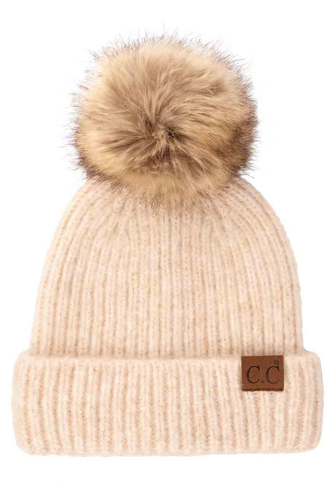 Women's Classic Rib Beanie with Faux Fur Pom — beanie photo 8