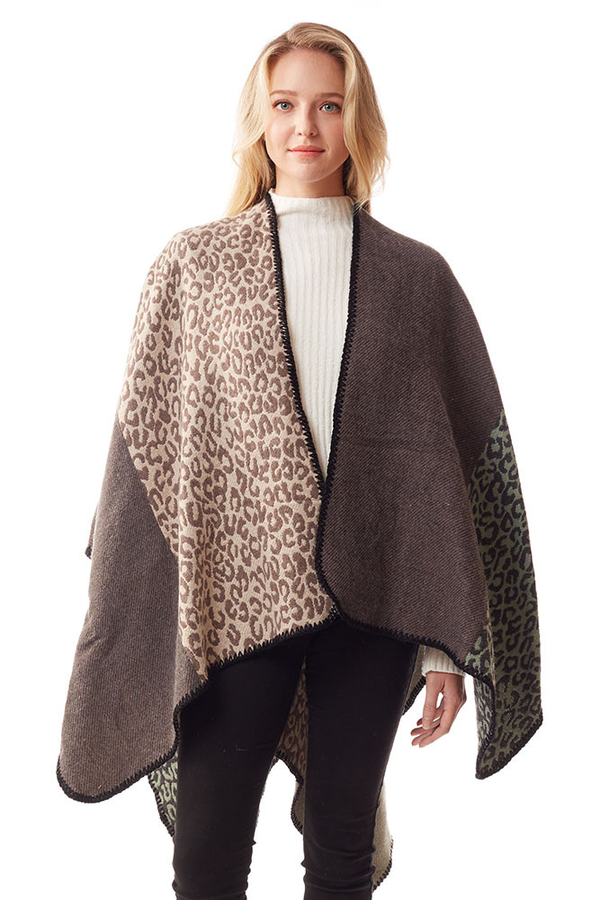 Women's Animal Print Color Block Ruana in Beige