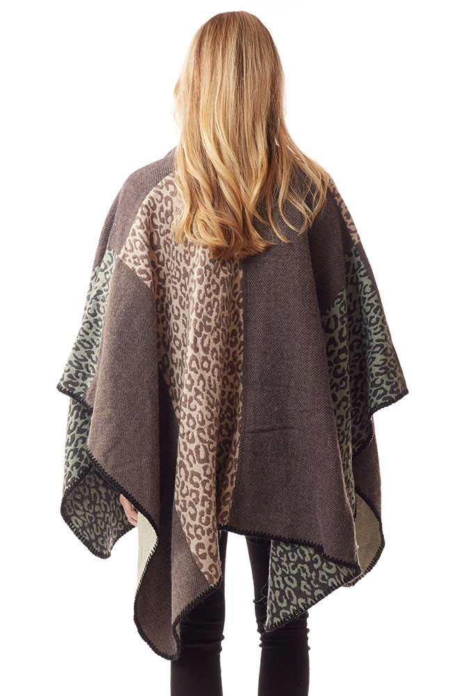Women's Animal Print Color Block Ruana in Beige