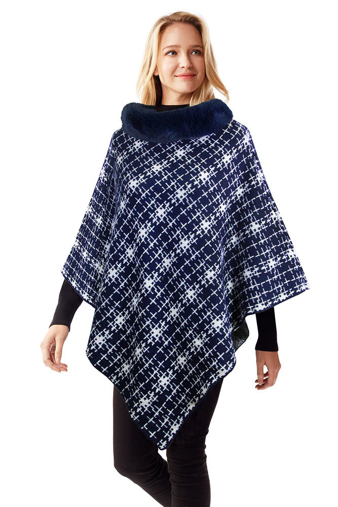 Women's Tweed Pattern Poncho with Faux Fur Collar in Navy