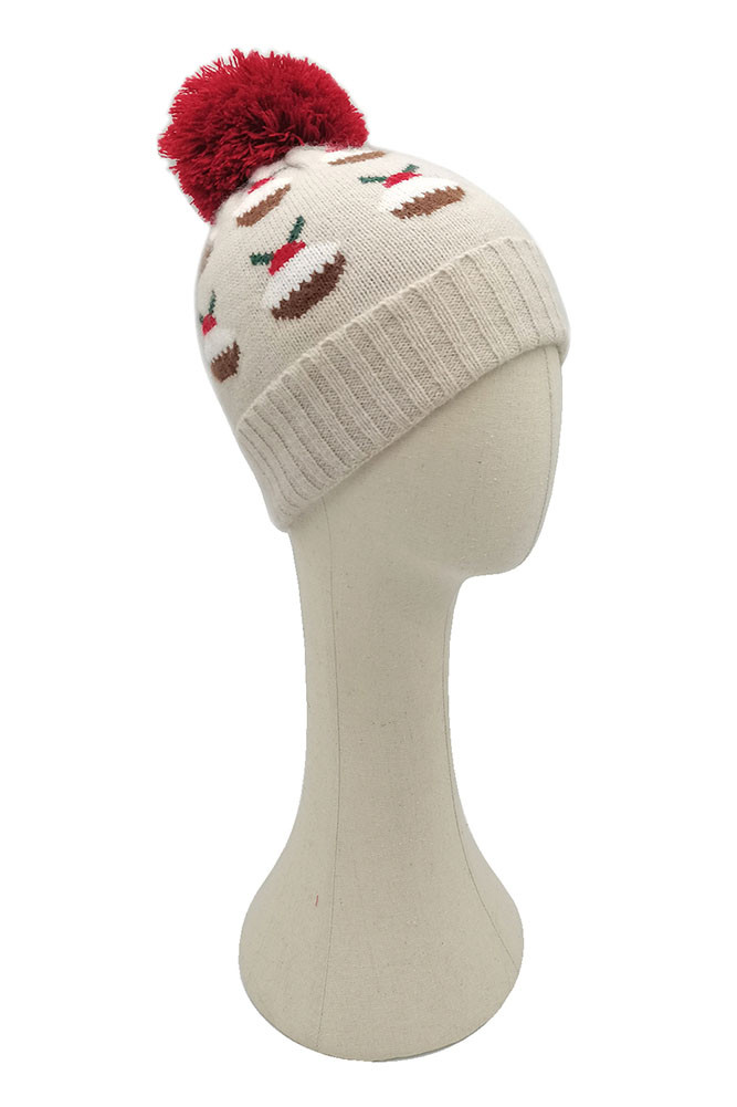 Women's Christmas Holiday Beanie with Yarn Pom in Beige