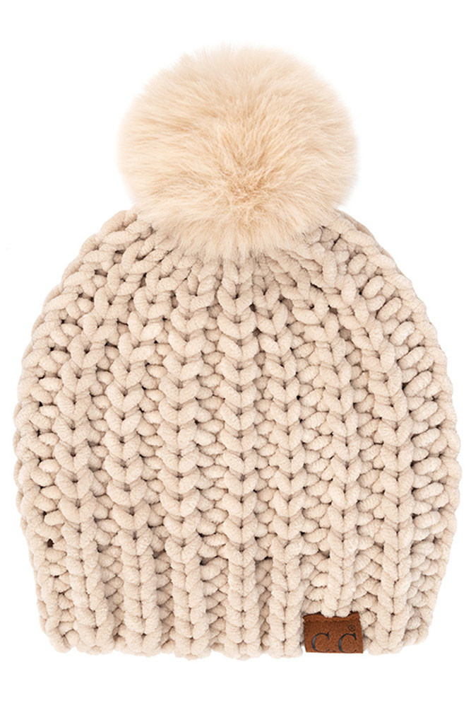 Women's Soft Chenille Chunky Yarn Beanie Hat in Beige