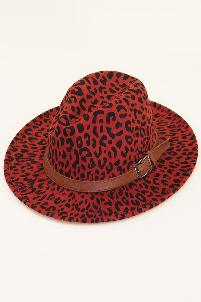 Women's Leopard Pattern Fedora Hat with Belt in Red by BURACQ