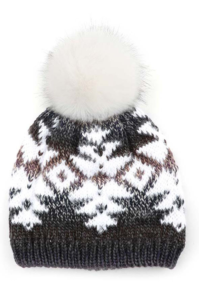 Women's Multi Yarn Aztec Print Beanie in Grey