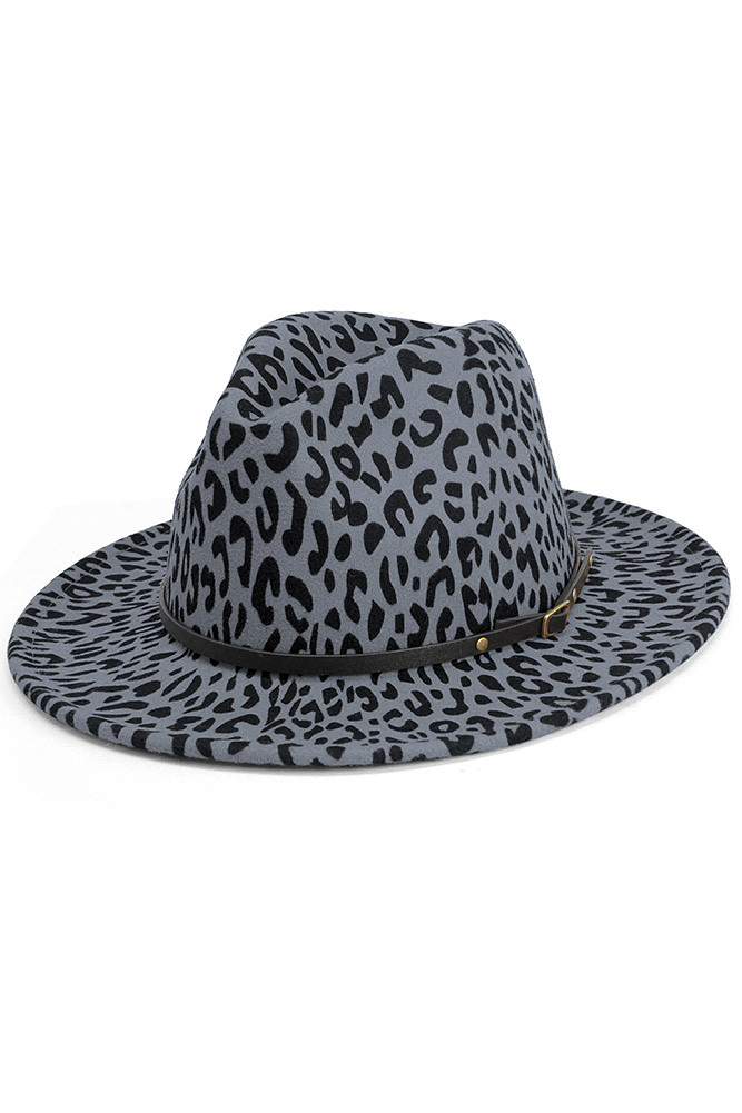 Women's Belt Buckle Trim Leopard Print Felt Hat in Gray