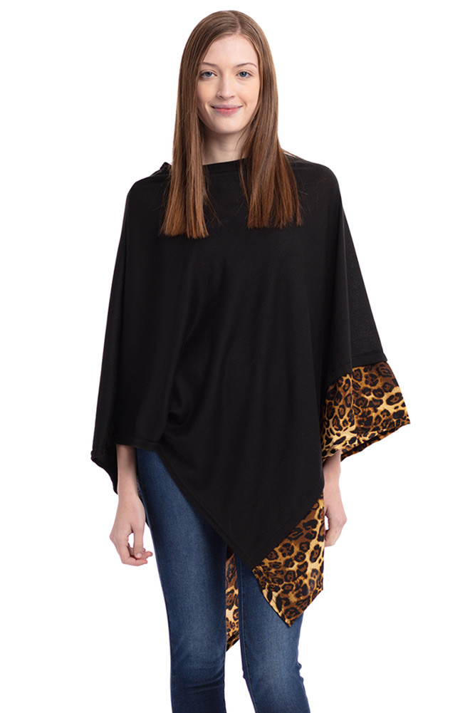 Women's Leopard Trim Solid Poncho in Black