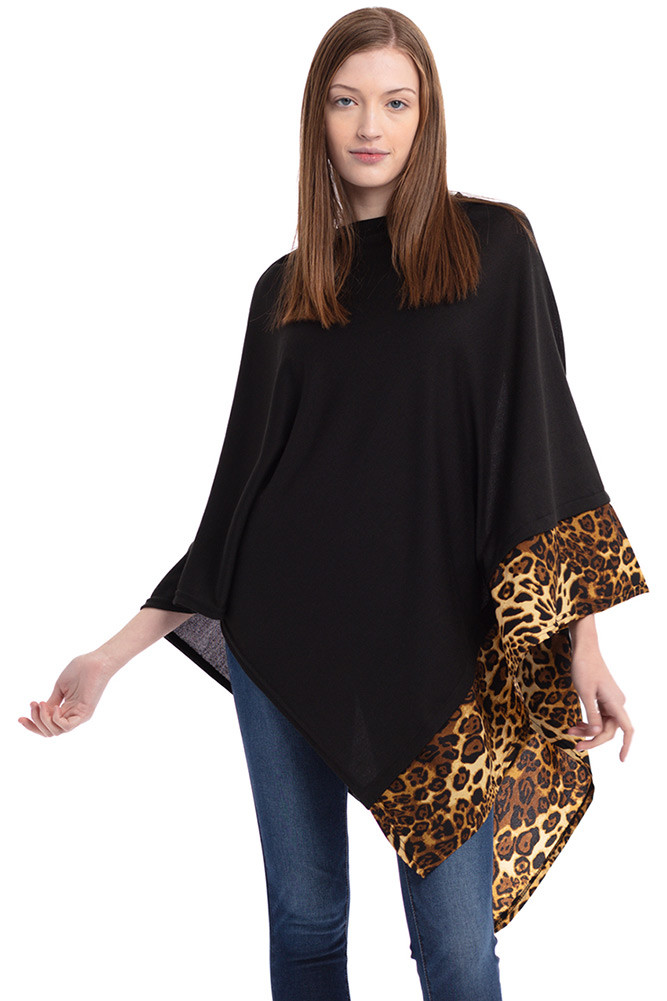Women's Leopard Trim Solid Poncho in Black