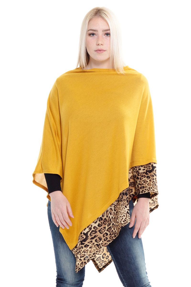 Women's Leopard Trim Solid Poncho — poncho photo 7