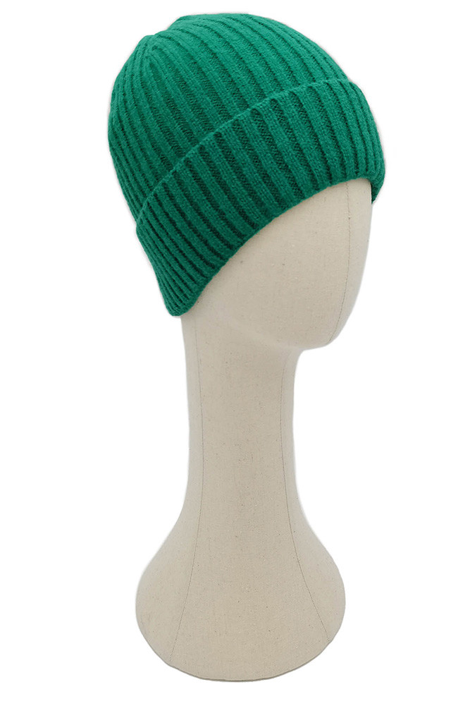 Women's Solid Ribbed Knit Cuff Beanie in Green