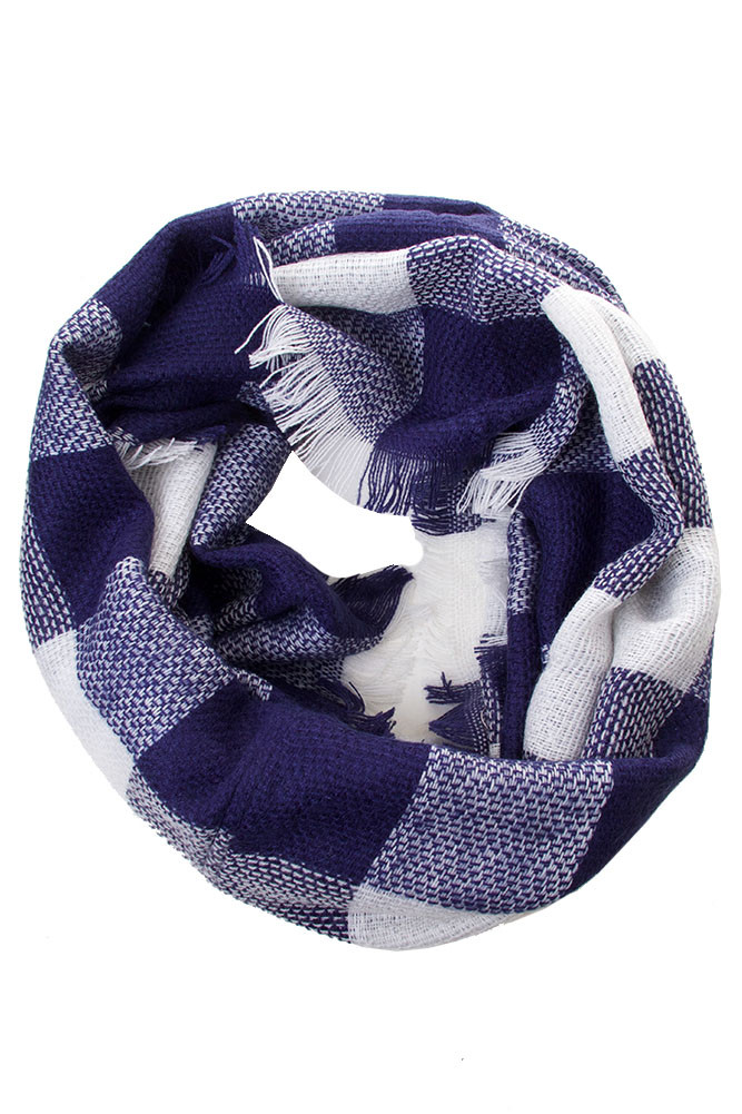 Women's Buffalo Plaid Check Woven Infinity Scarf in Navy