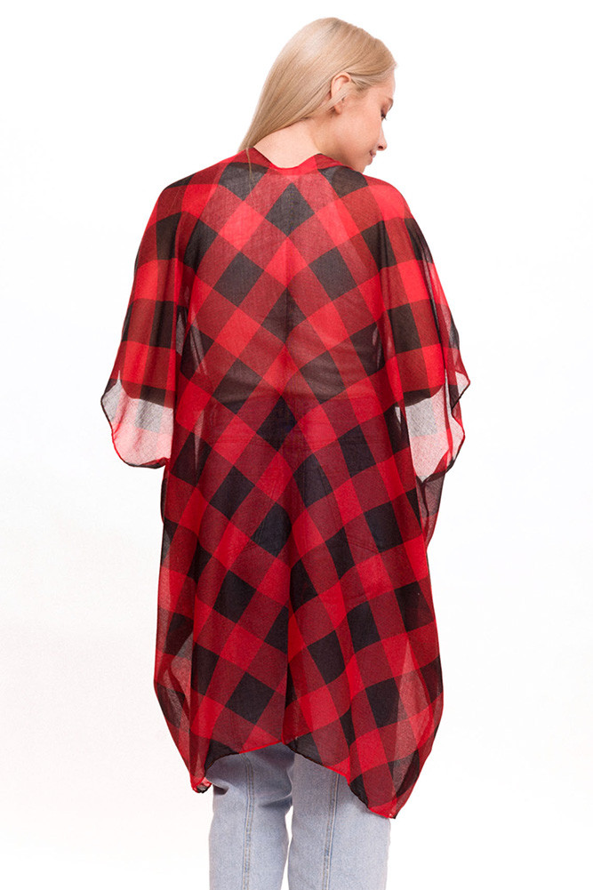 Women's Gingham Plaid Kimono in Red Black