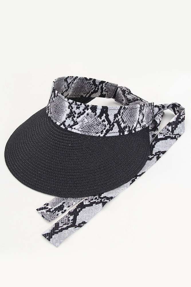 Women's Snake Pattern Bow Straw Visor in Black