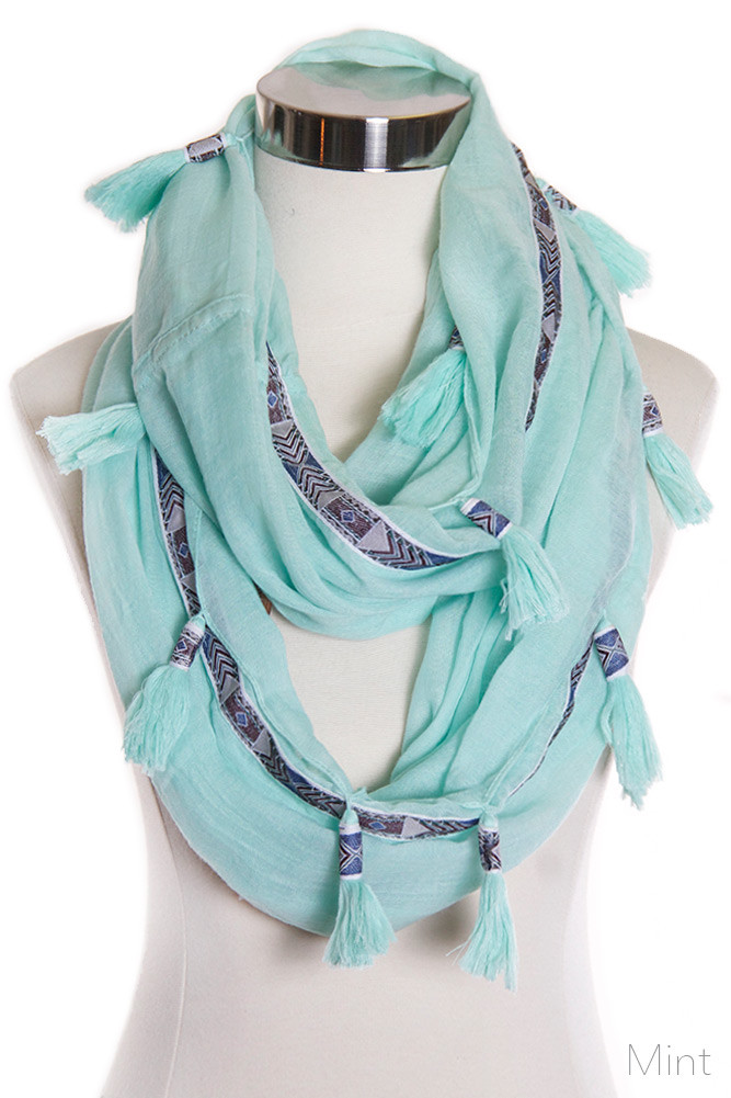 Women's Aztec Trim Tassel Infinity Scarf — infinity scarf photo 2