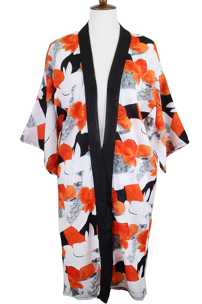 Women's Tropical Print Half Sleeve Kimono in Coral