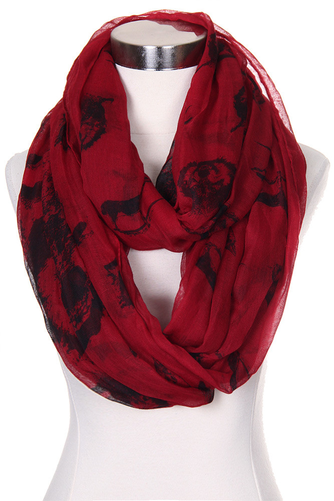 Women's Wolf Print Infinity Scarf in Burgundy