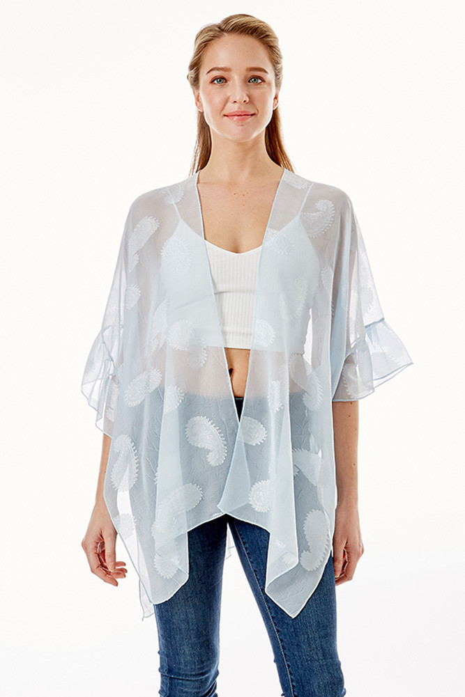 Women's Paisley Sheer Cover-Up with Ruffle Sleeve in Blue