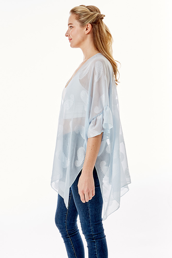 Women's Paisley Sheer Cover-Up with Ruffle Sleeve in Blue