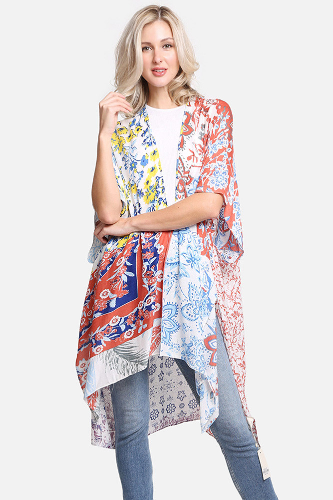 Women's Multi Color Flower Pattern Kimono in Blue