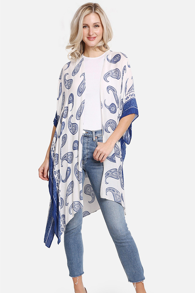 Women's Paisley Pattern Print Kimono in Navy