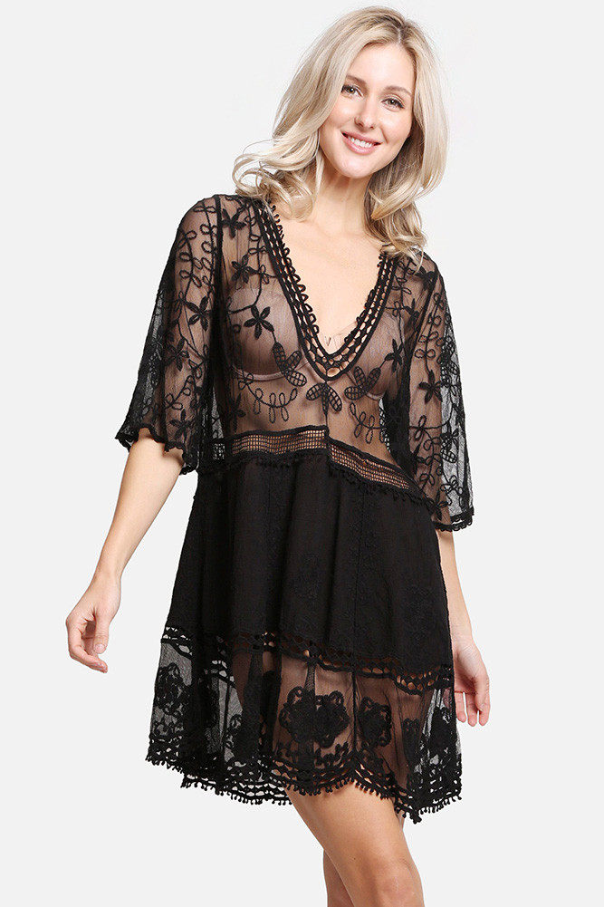 Women's Floral Print V-Neck Lace Cover-Up in Black