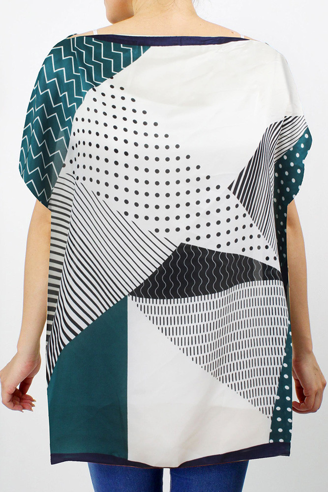 Women's Multi Pattern Print Satin Poncho in Navy