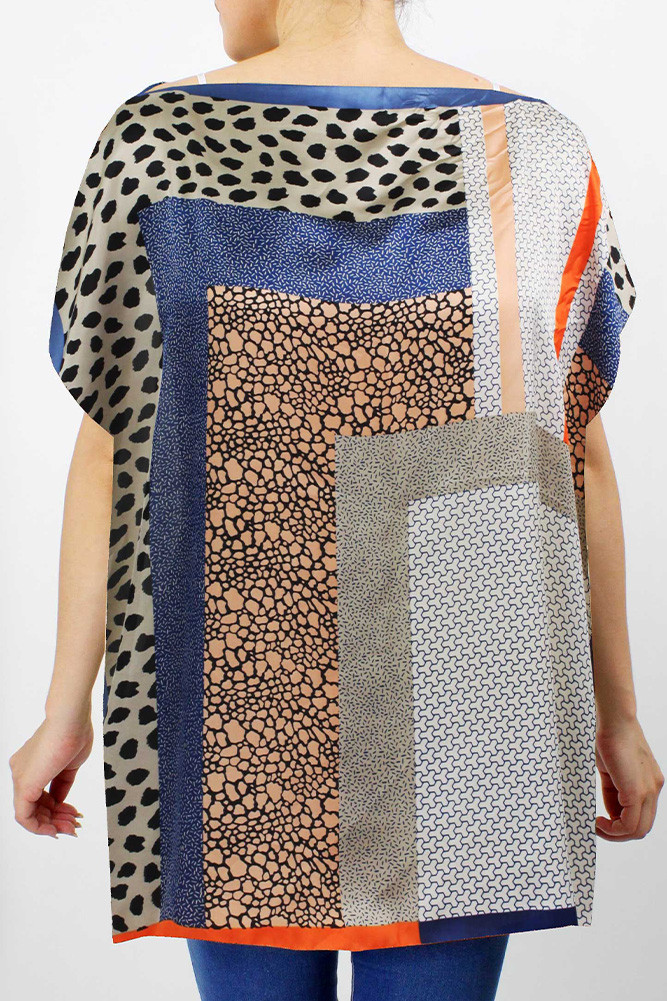 Women's Animal and Multi Pattern Print Satin Poncho in Beige