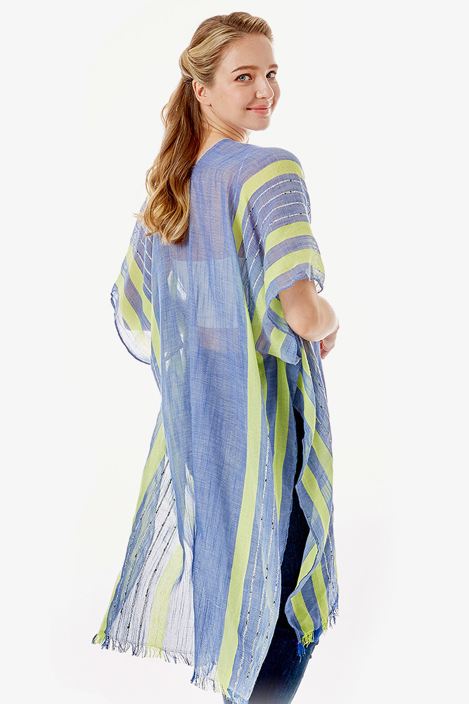 Women's Multi Stripe and Fringe Kimono in Navy
