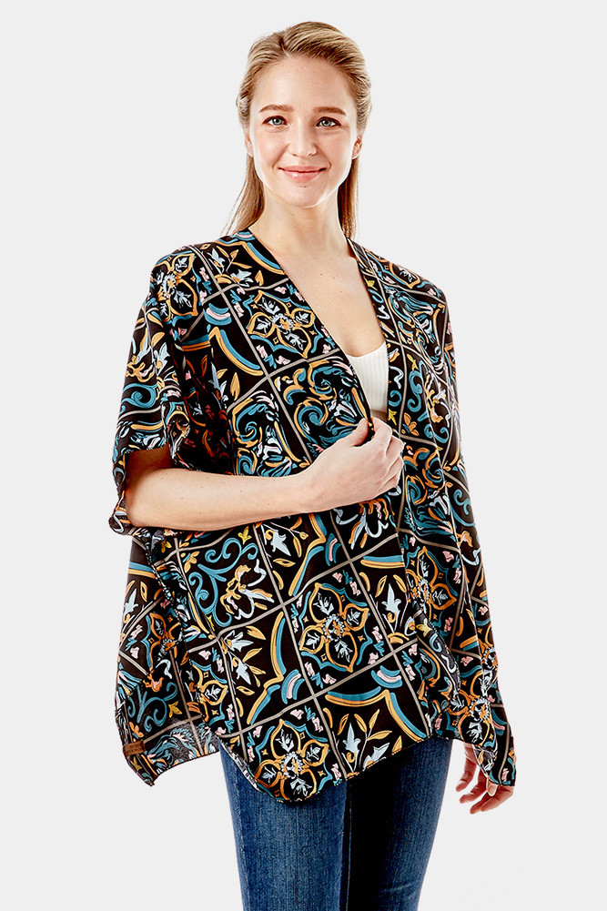 Women's Medieval Floral Tiles Print Kimono in Black