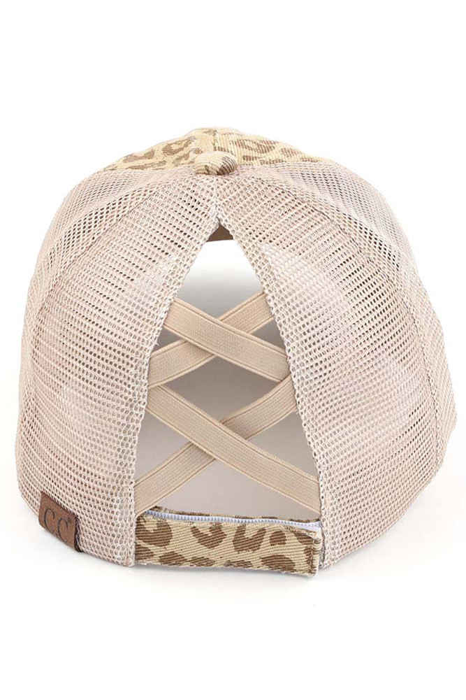 Women's Leopard Pattern Criss-Cross Ponytail Cap in Beige