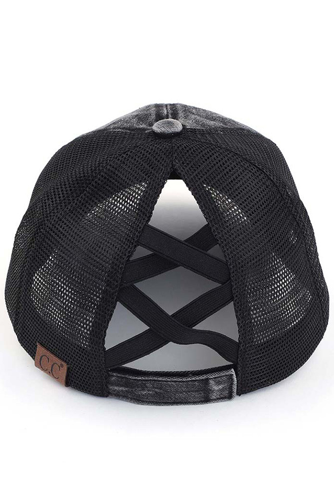 Women's Stonewashed Denim Criss-Cross Ponytail Cap — cap photo 6