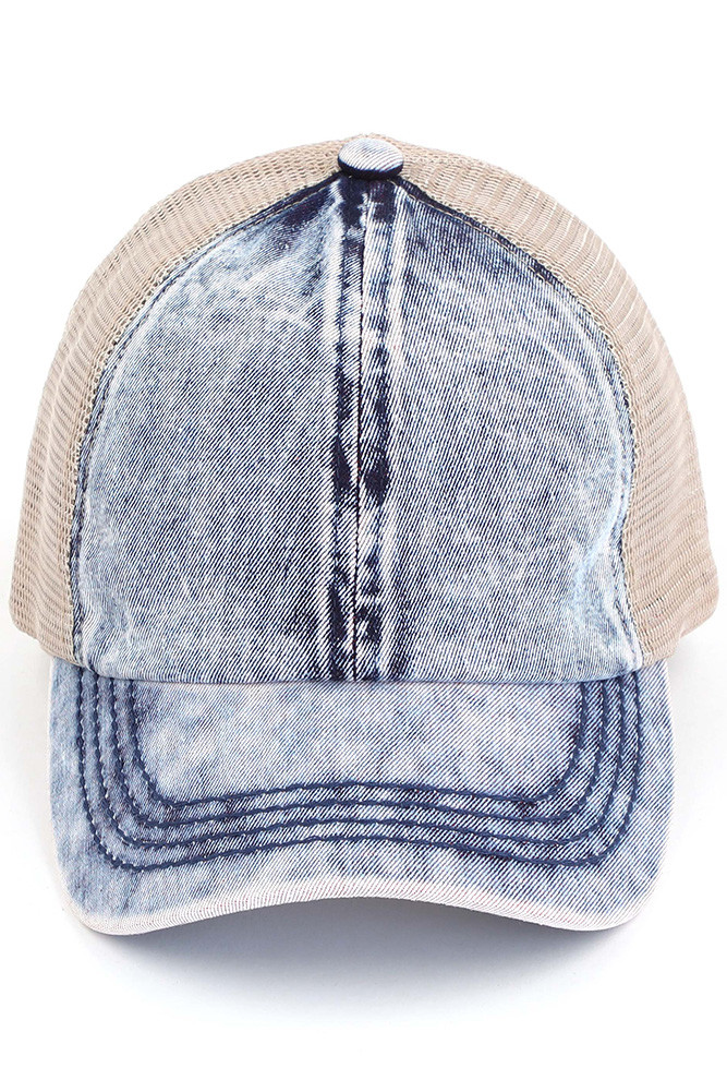 Women's Stonewashed Denim Criss-Cross Ponytail Cap — cap photo 7