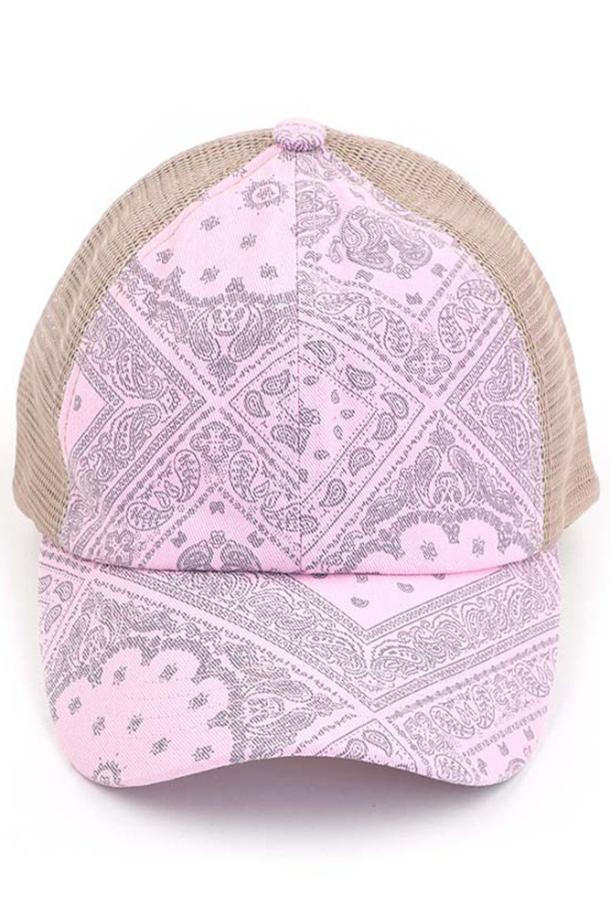 Women's Paisley Bandana Criss-Cross Ponytail Cap in Baby Pink