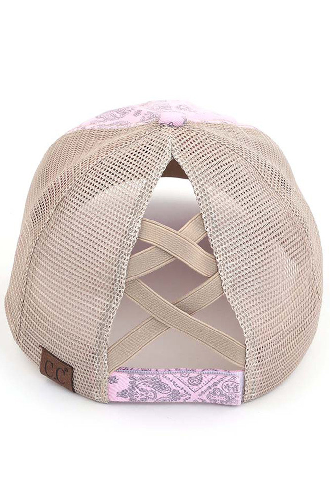 Women's Paisley Bandana Criss-Cross Ponytail Cap in Baby Pink